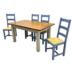 Fired Earth - contemporary kitchen table, rectangular oak parquetry top over four cream painted chamfered square section supports; together with set of four ladderback chairs, each with woven rush seat and lavender-grey painted finish