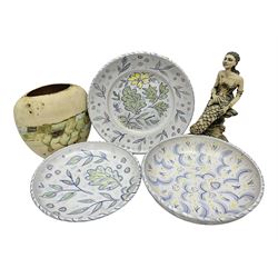 Collection of studio pottery, comprising Sally Tozer Mermaid, vase by Enchanted Ceramics and three dishes by Pickering Pottery, Mermaid H28cm 