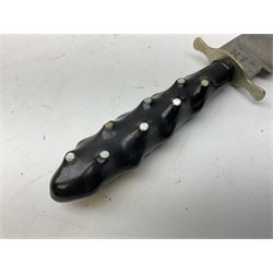 Hunting knife by J Nowill & Sons, Sheffield, the handle inset with mother of pearl, blade length 19cm; George Wolstenholme IXL lock-knife with antler scales L29cm open; and another Bowie style hunting knife marked 'V.R. Warranted Sheffield Joseph Ellis & Sons' in leather sheath (3)