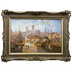 After John Wilson Carmichael (British 1800-1868): 'The Brayford Pool and Lincoln Cathedral', oil on canvas inscribed 49cm x 74cm
