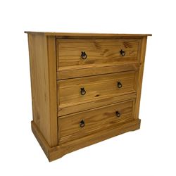 Pine three drawer chest, black iron handles; and a three drawer pedestal chest (3)