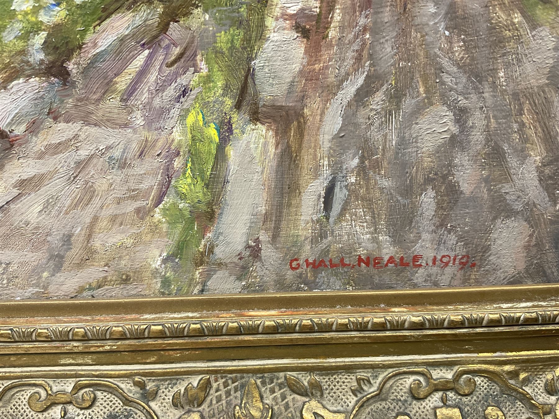 George Hall Neale (British 1863-1940): 'Clovelly - Up and Down Along', oil on board signed and dated 1919, original label verso 37cm x 45cm