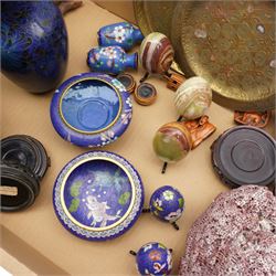 Pair of Chinese cloisonne vases with a paper label inscribed Middle Kingdom, other cloisonne items, hardstone eggs, three netsukes etc