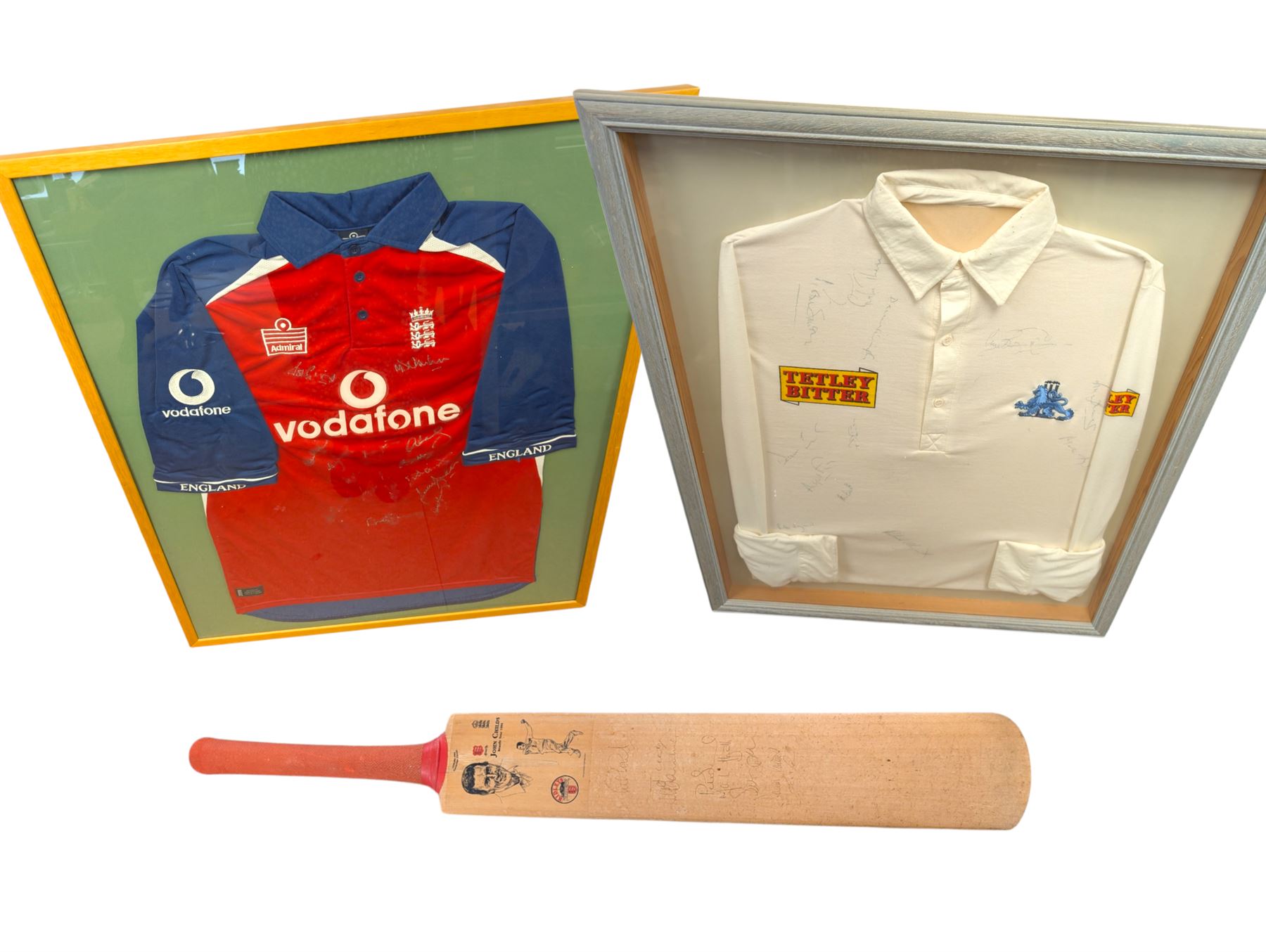 Cricket memorabilia: signed cricket bat from John Childs Benefit year 1994, and two framed England cricket shirts both with signatures, largest frame H95cm