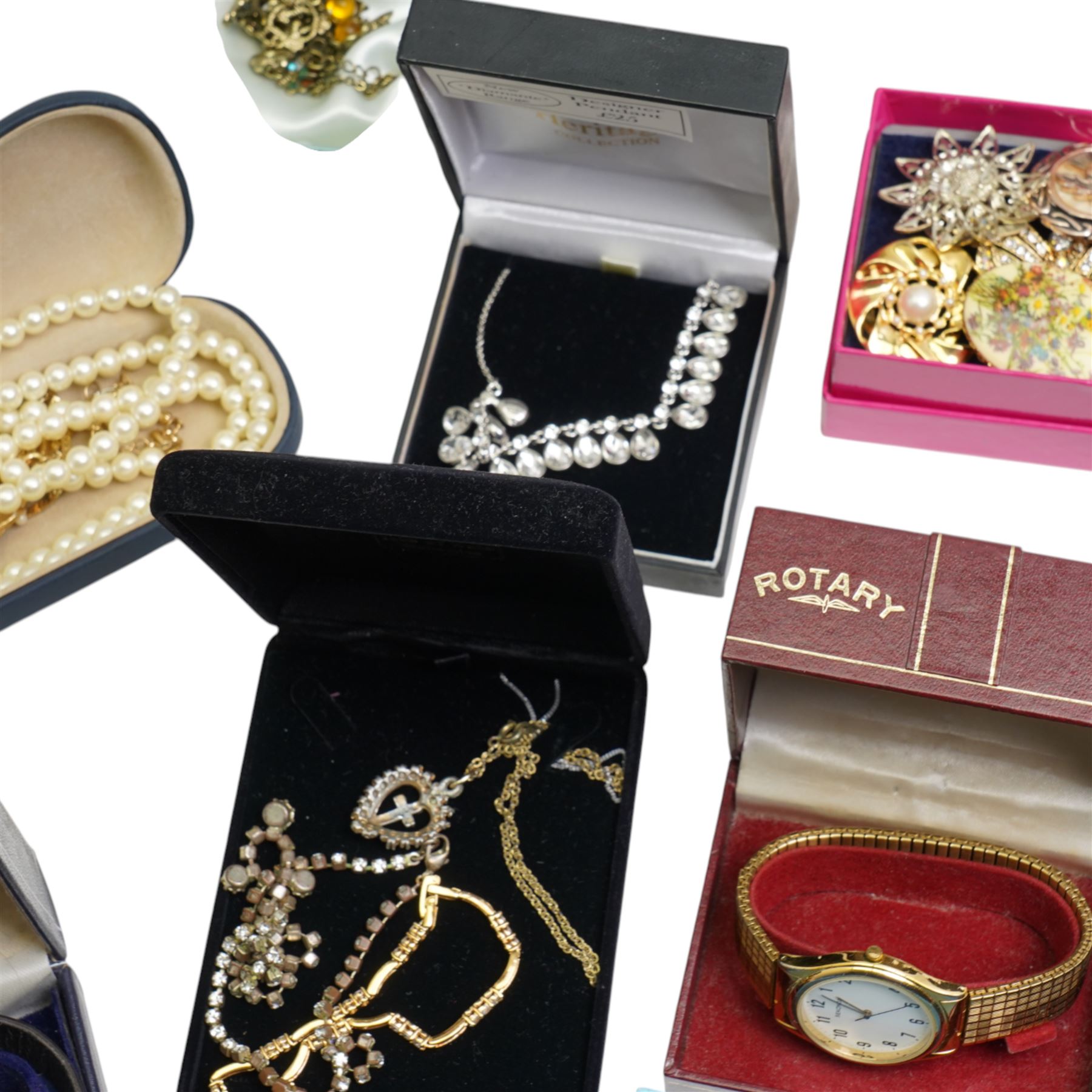 Silver fusee lever pocket watch, silver bangle and pair of silver garnet stud earrings, a large collection of costume jewellery and watches and a George VI Special Constabulary Faithful Service medal to John Dixon