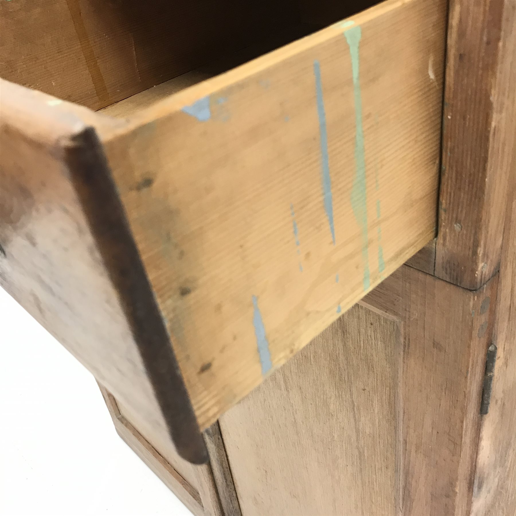 1920s Quicksey kitchen cabinet, two cupboards above fall front enclosing fitted interior, two drawers and two cupboards, W78cm, H181cm, D44cm