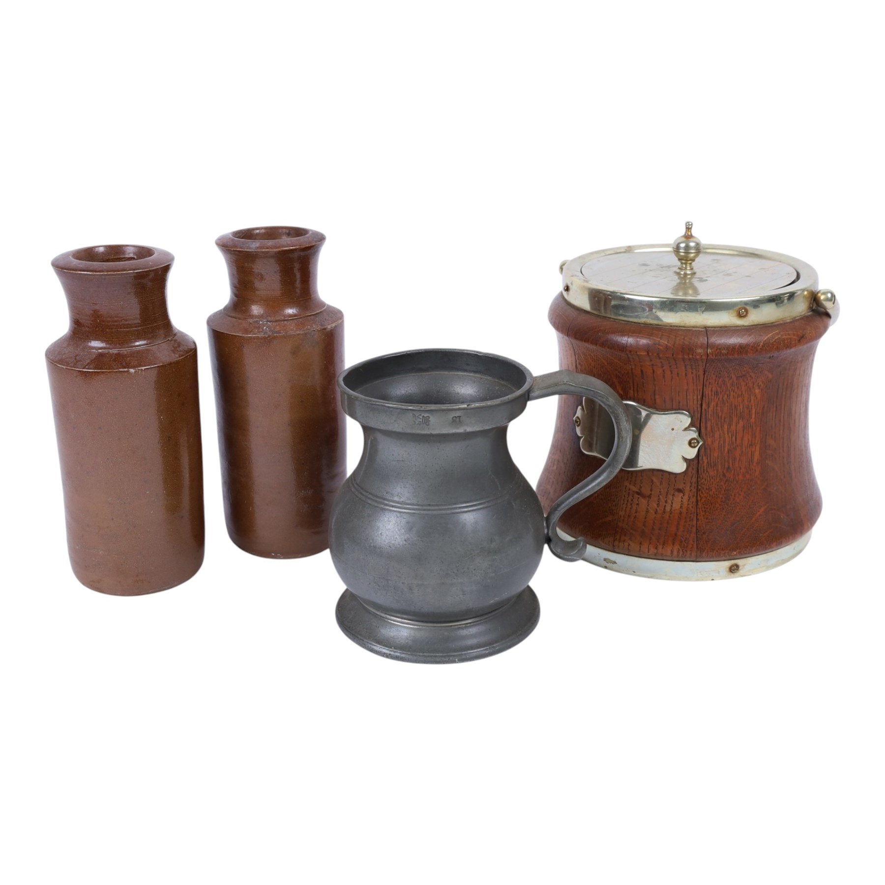 Pair of Barley open twist candlesticks, together with a similar brass pair, wooden biscuit barrel, boxes etc   