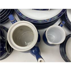 Denby Baroque pattern part tea and dinner service, comprising nine dinner plates, six side plates, six bowls five dessert plates, six cups and saucers, together with a Denby teapot and jug in Imperial blue pattern