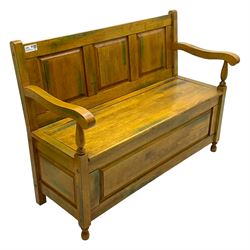 Hardwood box-seat hall bench, tripled panelled back over hinged seat, panelled front and sides