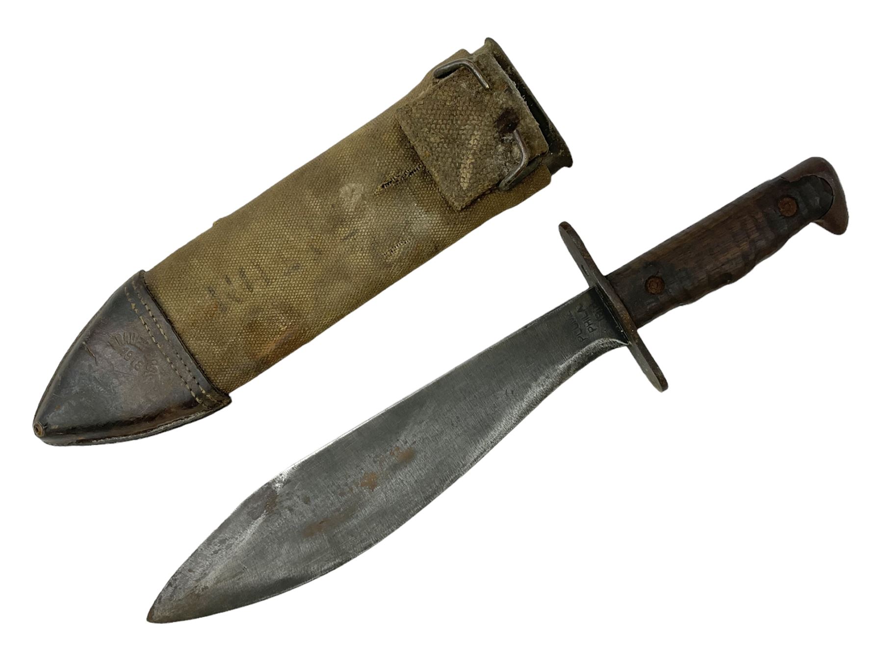 US Model 1910/17  Machine Gunners Bolo knife, the 26.5cm curving steel blade marked 'US MOD 1917 PLUME PHILA 1918'; in webbing covered steel scabbard with leather chape marked 'Brauer Bros 1918' L40.5cm overall (with photocopy of modern reference material)
