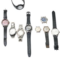 Collection of wristwatches including Casio and MG and an early 20th century gilt brass bedside timepiece, cased