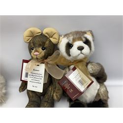 Nine Charlie Bears, comprising three limited edition examples, Fauna SJ6017, designed by Isabelle Lee, 105/240, Little Miss Muffet CB205252O, 648/1000, and Romano CB202020, 405/600, plus Roulade CB202047, Clawdia CB171796, Annabelle CB171782, and Seek CB161691, each designed by Isabelle Lee, and Scrambles CB185194, and Baabahrah CB205251O, all with tags 