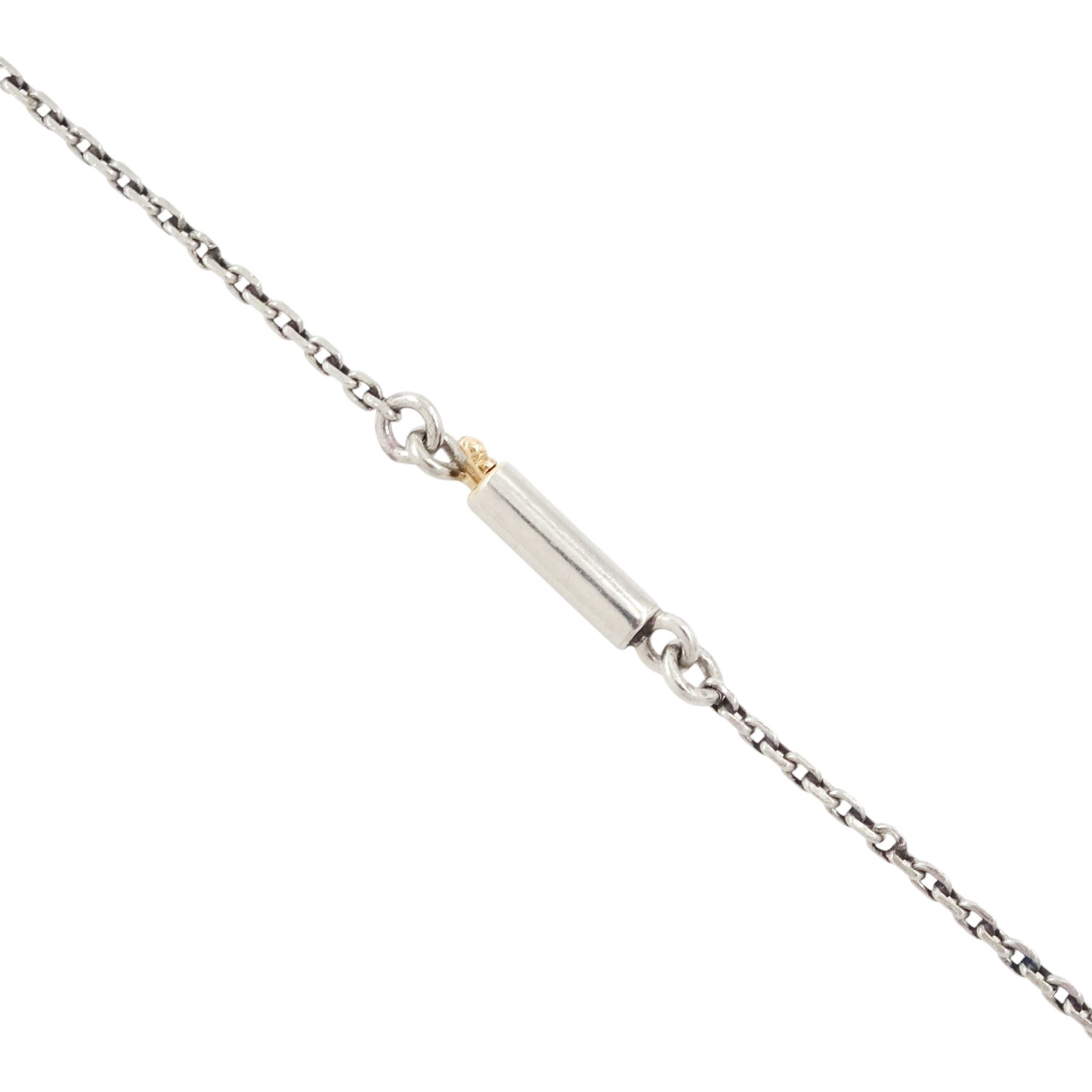 Early 20th century platinum and gold enamel, pearl and diamond dove pendant necklace, the dove in flight, with applied opalescent enamel, ruby set eyes and the wings outlined with rose cut diamonds, its claws holding a round cut ruby and suspending a pearl drop, stamped 18ct, to a platinum chain set with an additional pearl