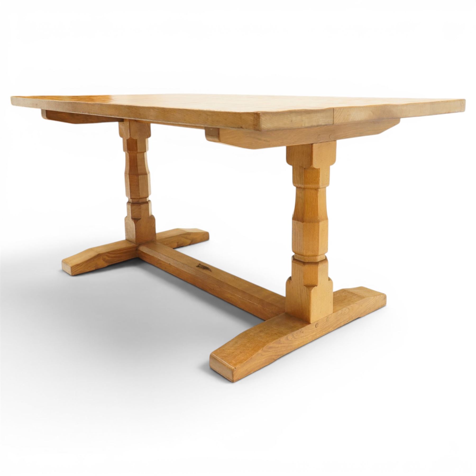 Lizardman - 5' oak refectory dining table, rectangular adzed top, octagonal turned supports united by stretcher with carved lizard signature, by Derek Slater of Crayke