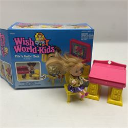 Wish World Kids - Eleven play sets comprising Treats ‘n Sweets Refrigerator, Grin ‘n Win TV, Sponge ‘n Plunge Bathtub, Socks ‘n Locks Dresser, Spice ‘n Slice Stove, Sleep ‘n Leap Bed, File ‘n Smile Desk, Blaze ‘n Braise Fireplace, Hear ‘n Cheer playset in Sponge ‘n Plunge box, two Read ‘n Speed Chair playsets in one box