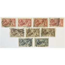 Great Britain King George V seahorse stamps, comprising three half crown, four five shillings and two ten shillings, all used, all previously mounted
