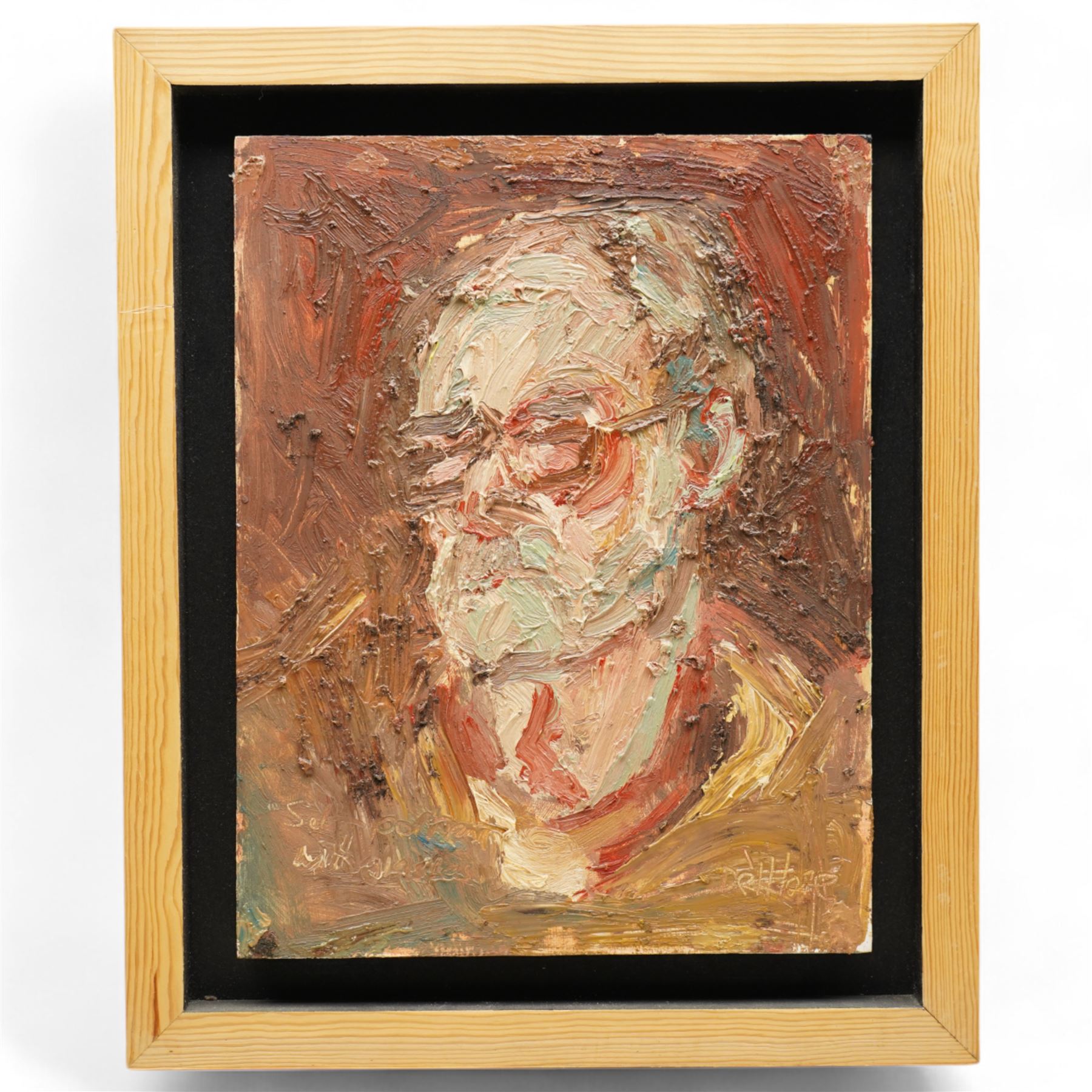 Barry De More (Yorkshire 1948-2023): 'Self Portrait with Glasses', oil and impasto on board signed and titled, inscribed and dated 2010 verso 35cm x 27cm
Notes: Acclaimed as one of the North's greatest expressionist artists, Barry De More (1948-2023) used a heavy impasto style to transfer his love of Yorkshire landscapes, townscapes and people to canvas. His work sits comfortably in the company of work by Kossoff and Auerbach, selling to collectors in the UK and overseas. De More's work can be found in the permanent collection of work by Northern Artists at Dean Clough, one of the UK's largest contemporary art galleries.