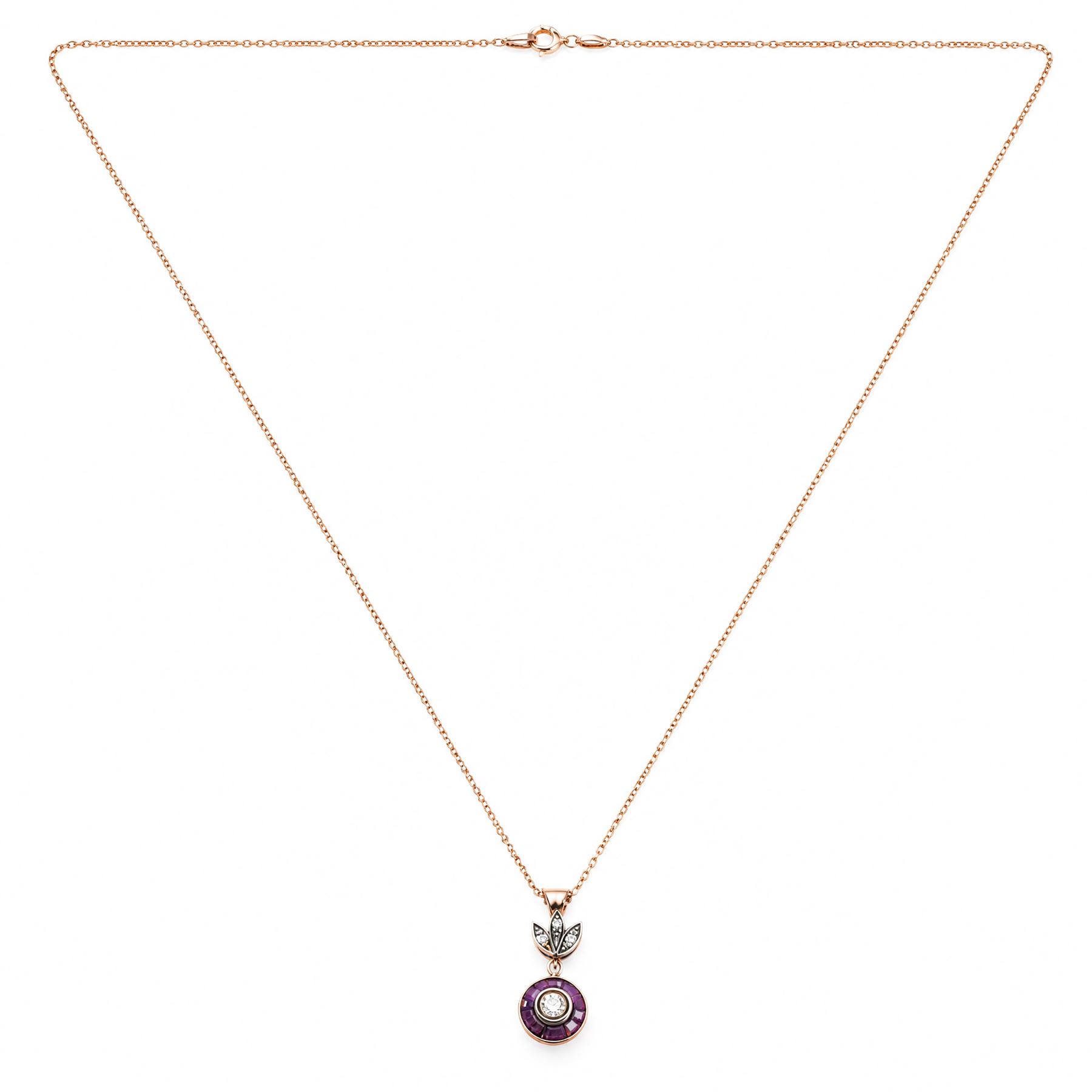 Gold and silver ruby and diamond pendant, single round brilliant cut diamond, surrounded by calibre cut rubies and round brilliant cut diamonds, suspending from a fancy pendant set with further diamonds, on a rose gold plated silver chain necklace, total diamond weight approx 0.30 carat, total ruby weight approx 0.30 carat