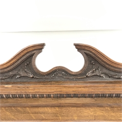 Edwardian oak mirror back sideboard, swan neck cresting rail, raised five piece mirror back, three drawers above three cupboards, stile supports, W153cm, H210cm, D56cm
