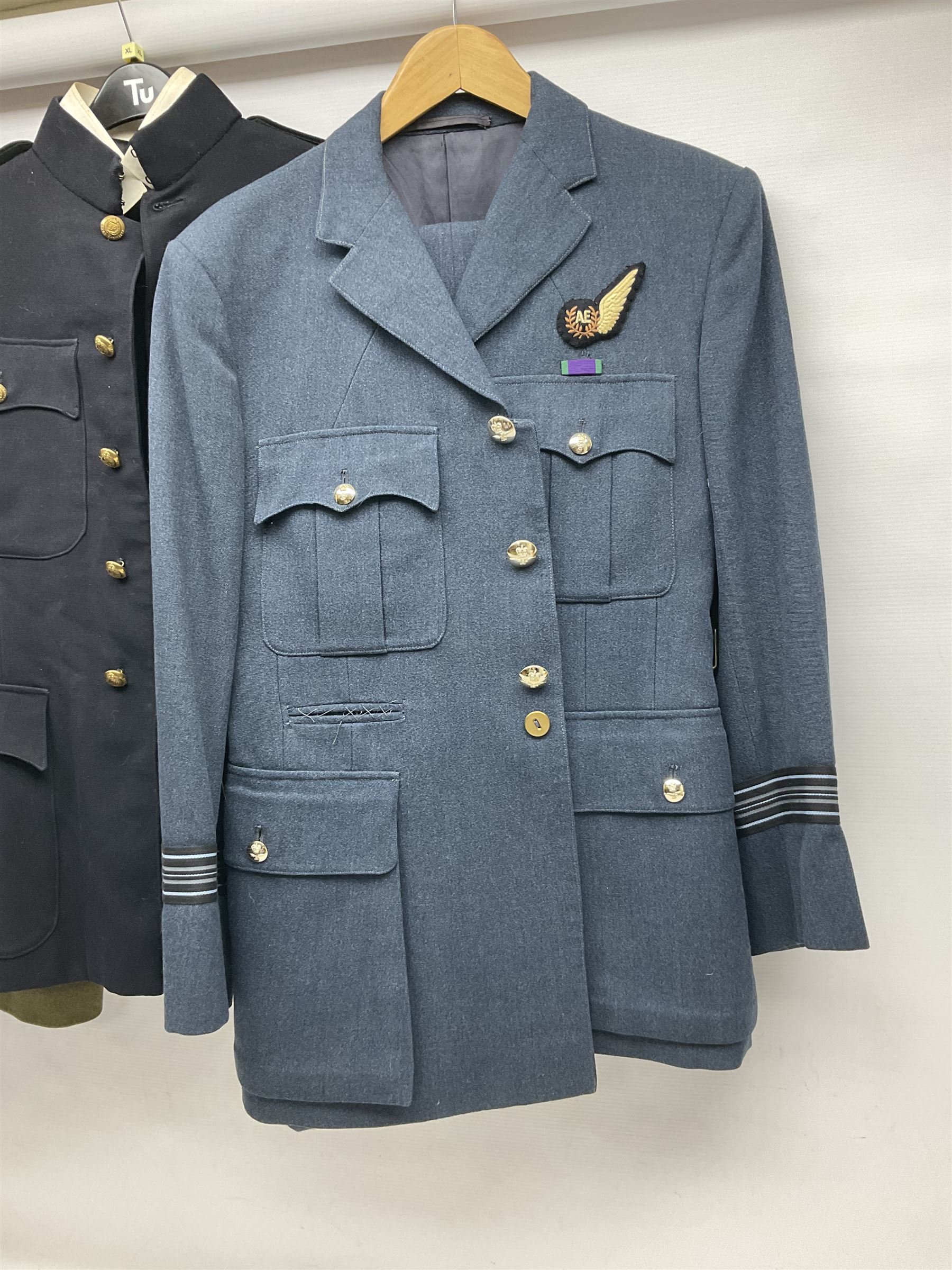 Five military uniforms comprising German Wachbataillon tunic, RASC No.2 dress tunic dated 1963, RAF tunic and trousers dated 1974, RE No.1 tunic and RN Seamans jumper Class II (5)