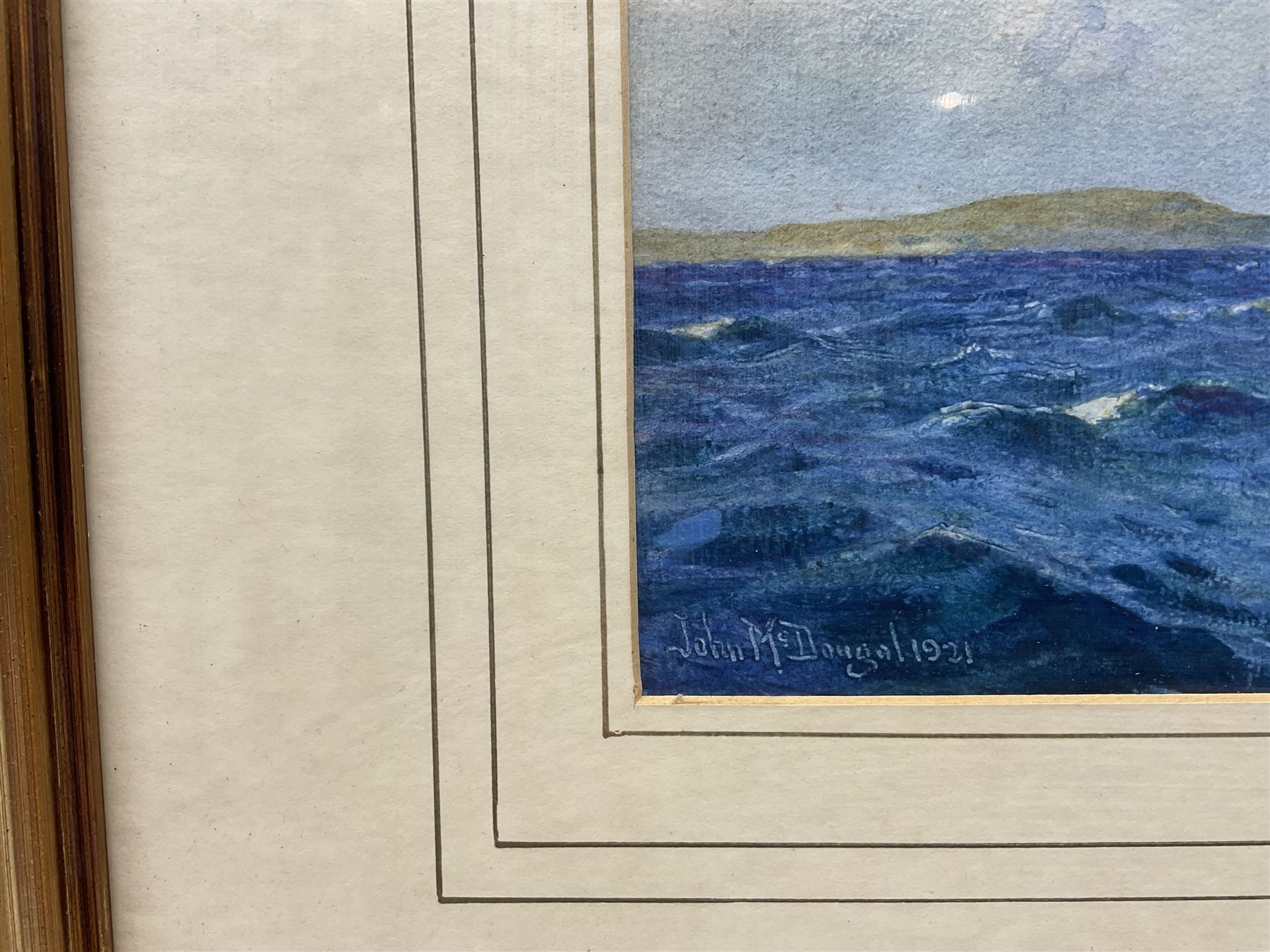 John McDougal (British 1851-1945): Distant Sailing Boat, watercolour signed and dated 1921, 19cm x 32cm 