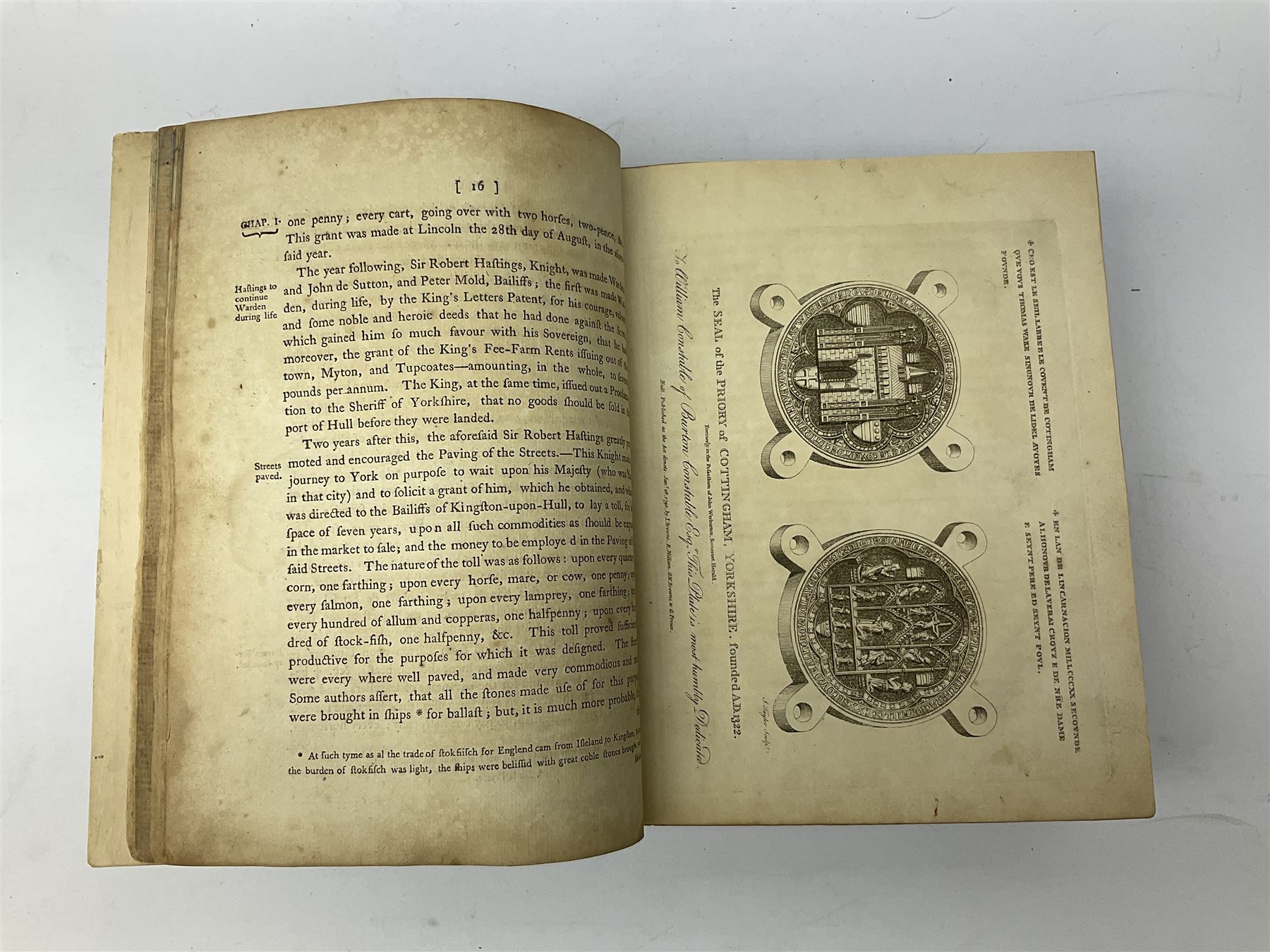 Tickell Rev. John: The History of the Town and County of Kingston upon Hull. 1798 Hull. Linen backed frontispiece and other engraved plates. Rebound in quarter calf with blue boards, marbled edges and new end papers; together with T. Tindall Wildridge: The Hull Letters. Ndc1886 (2)
