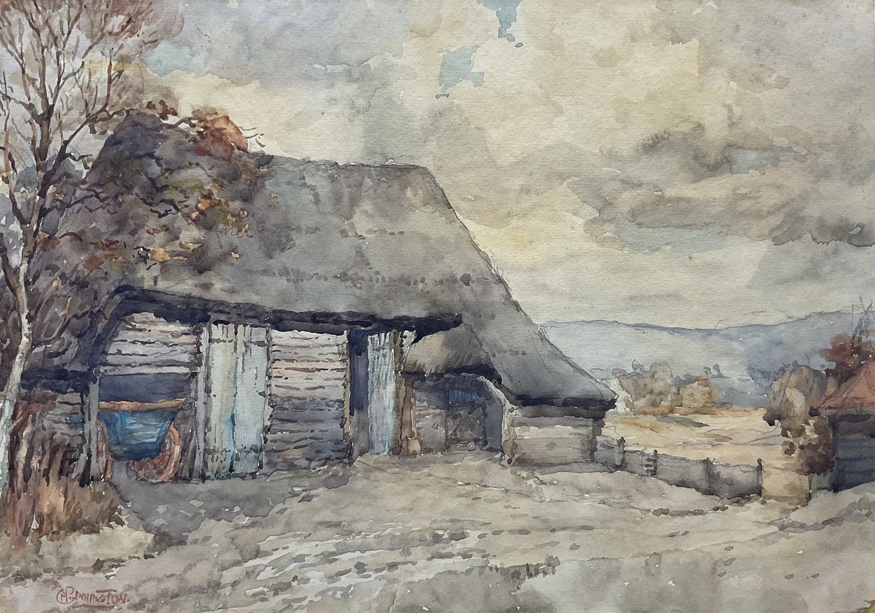 George Pennington (British 1880-1962): 'Farm Yard - Sussex', watercolour signed, titled on label verso with artist's St Ives address verso 25cm x 35cm