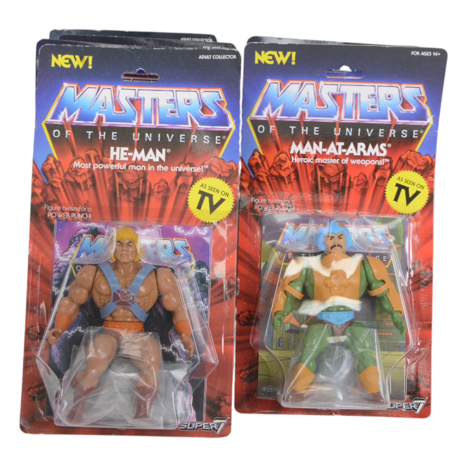 Thirteen Mattel Super7 reissue Masters of The Universe figures, comprising He-Man, Mat-At-Arms, Shadow Weaver, Hordak, Mer-Man, Prince Adam, Trap Jaw, Evil-Lyn, Orko, Skeletor, She-Ra, Beast Man and Teela, all carded