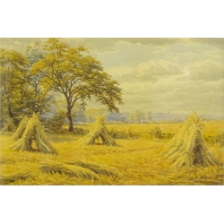 Mary Backhouse Bigland (British b.1844): Haystacks in a Field watercolour signed and dated 1874, Flamborough, oil on canvas signed and dated 1903 verso by Cyril Hallas and Coastal Path, watercolour signed and dated (18)'95 by E Brown max 49cm x 75cm (3)  