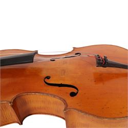 19th century cello, with two piece back and ebonised finger board, contained within a hardcase, cello back length 75cm