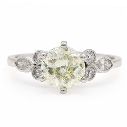 Platinum diamond ring, six claw set with a single old cut diamond of approx 1.35 carat, ea...