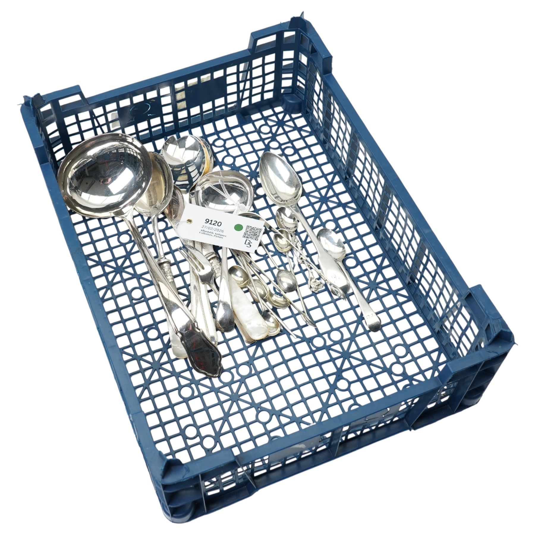 Pair of early 19th century silver sugar tongs, silver dessert spoon, silver tea spoon and various items of plated cutlery