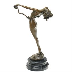 Bronze figure of a nude female holding a vine, after 'H. Frishmuth', with foundry mark on socle base, H38cm