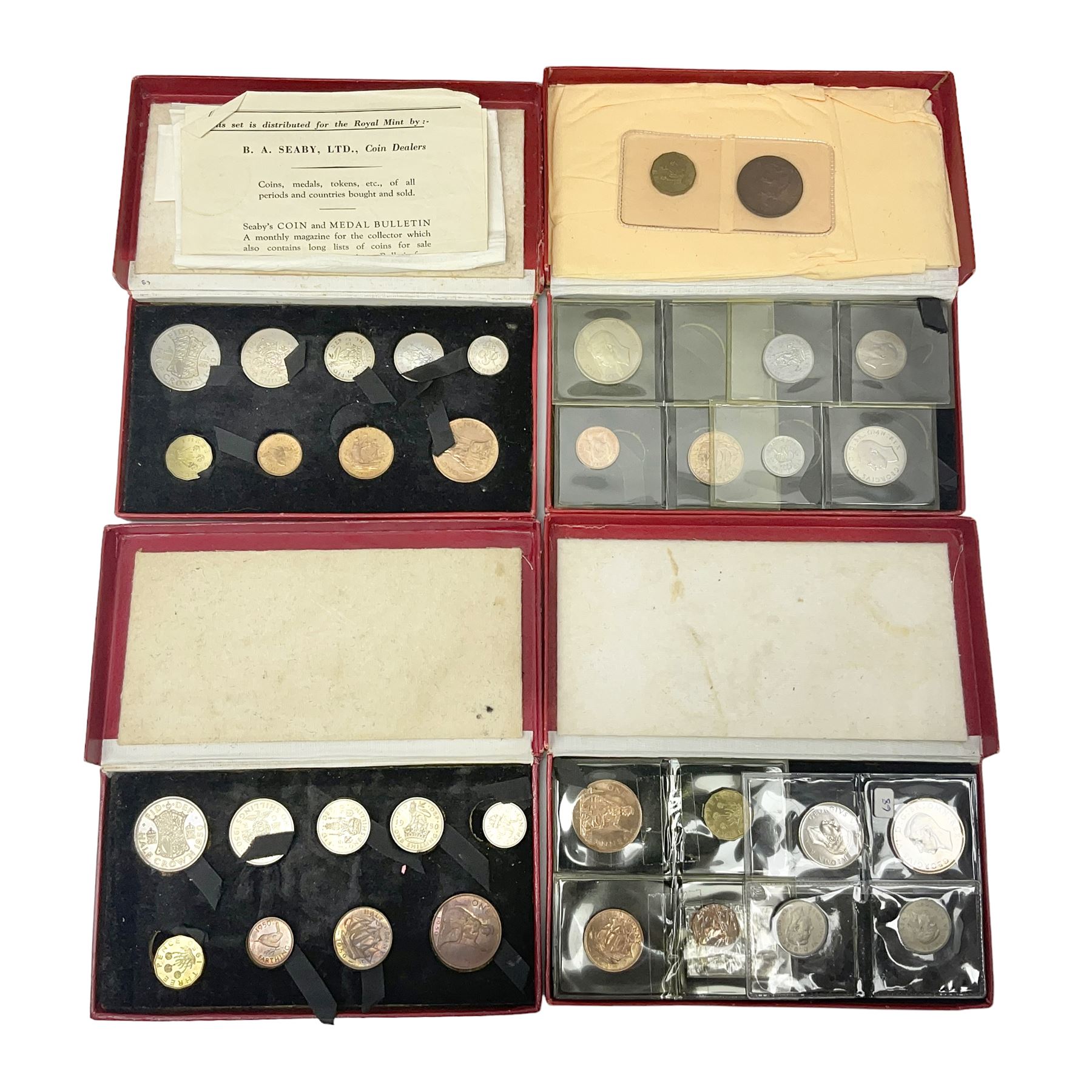 Four King George VI 1950 specimen coin sets, each comprising farthing, half penny, penny, threepence, sixpence, English  one shilling, Scottish one shilling, two shillings and half crown, each in red Royal Mint card case