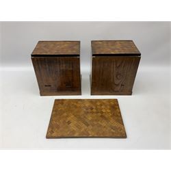 Japanese miniature kneehole desk decorated with parquetry inlay, the loose leaf top resting on one pedestal cabinet with four drawers, and another with hinged cupboard door opening to reveal two interior drawers above a lower drawer, H26cm, W68.5cm D24cm