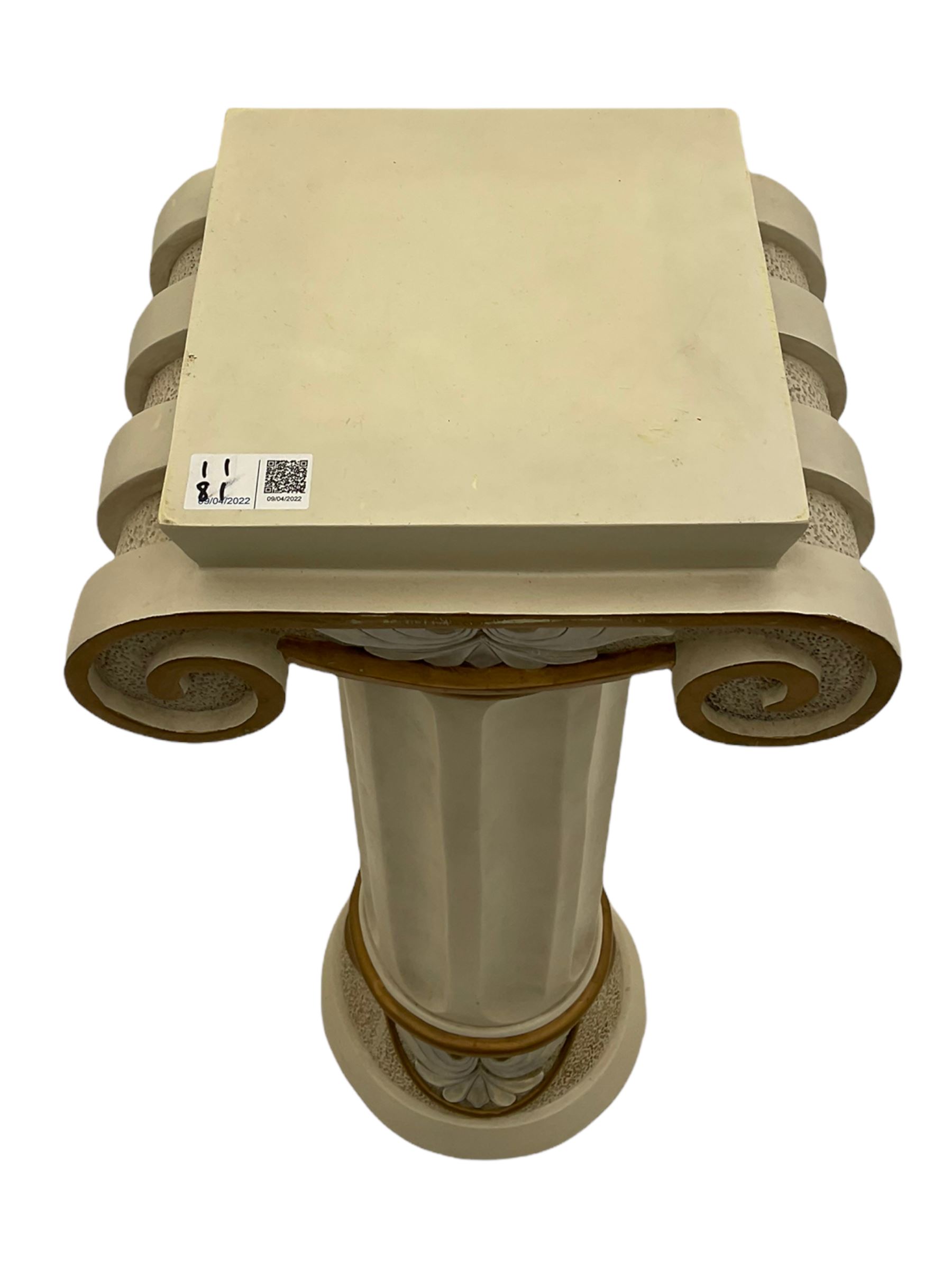 Classical Ionic style column in white finish with scrolled capital, fluted body on moulded plinth base (H97cm), and a similar small column stand (H68cm)