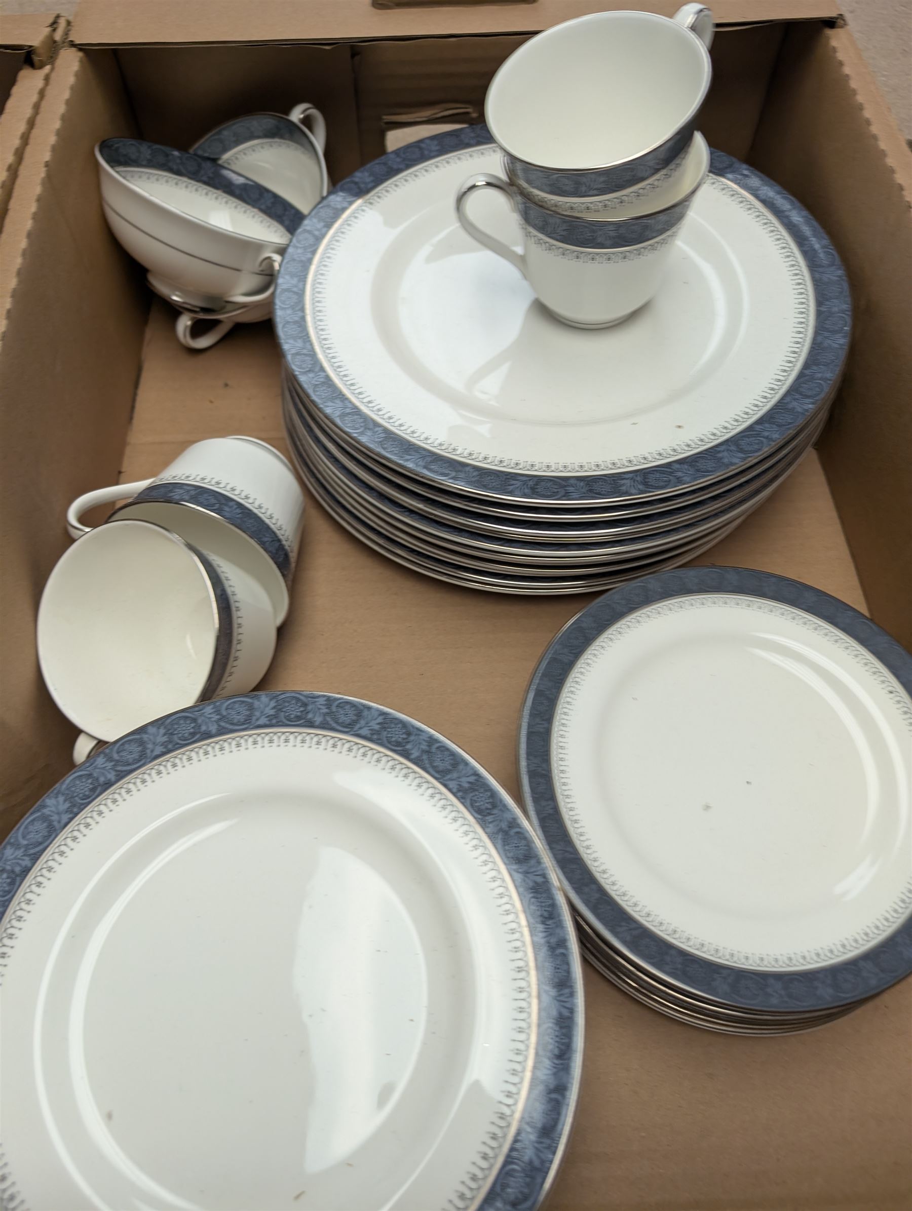 Pair of Staffordshire style dogs and Royal Doulton Sherbrooke part tea and dinner service, in two boxes