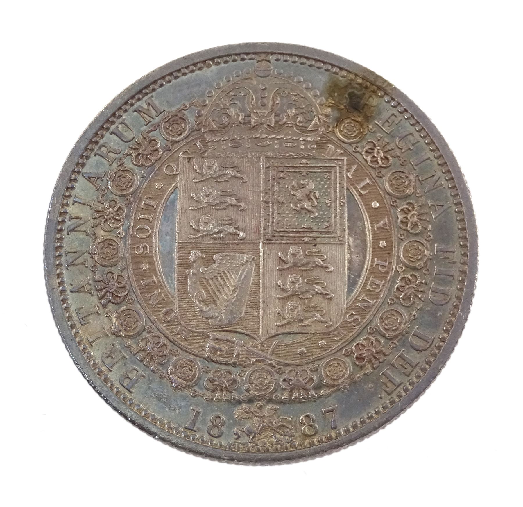 Queen Victoria 1887 specimen coin set, comprising gold half sovereign, sovereign, two pounds and five pounds, silver threepence, sixpence, shilling, florin, halfcrown, double florin and crown, housed in purple velvet case
