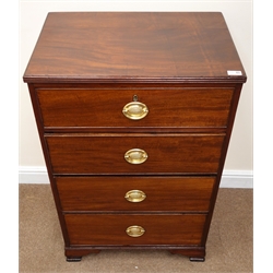  Small George III mahogany chest, three drawers, reeded moulding's, oval brass plate handles and ogee bracket feet, W64cm, H97cm, D45cm   