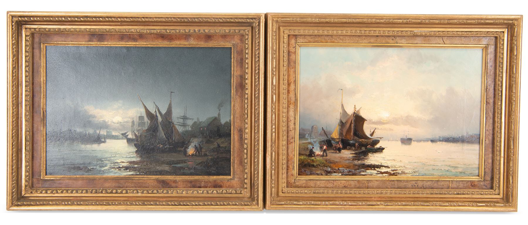 William Anslow Thornley (British fl.1858-1898): 'Sunrise - Gravesend from Tilbury' and 'Moonlight - The Medway before Rochester', pair oils on canvas signed, original title labels verso 25cm x 35cm (2) 
Provenance: with the Kenulf Gallery, Winchcombe, labels verso
