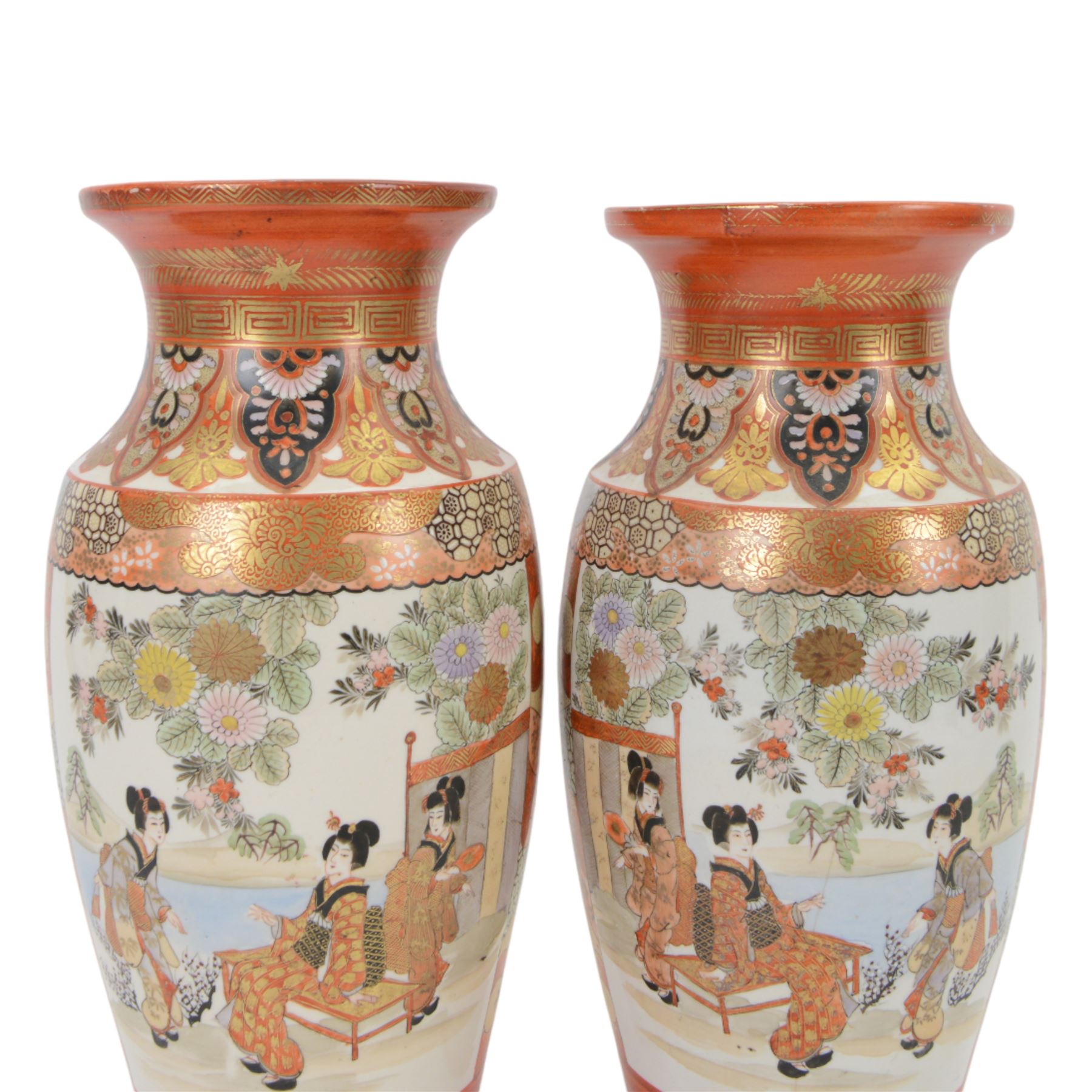 Pair of Japanese Katani vases, of baluster form decorated  with two panels depict a figures in a garden and peacocks amongst flowers, the rim with decorated borders including scrolls, flowers and Greek key design, with character marks beneath H36cm