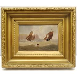 Edward King Redmore (British 1860-1941): Whitby Boats passing a Buoy, oil on canvas signed 16cm x 24cm; Low Tide and Yarmouth Sailing Boat, pair oils on Royal Doulton soup plates signed 19cm diameter (3)