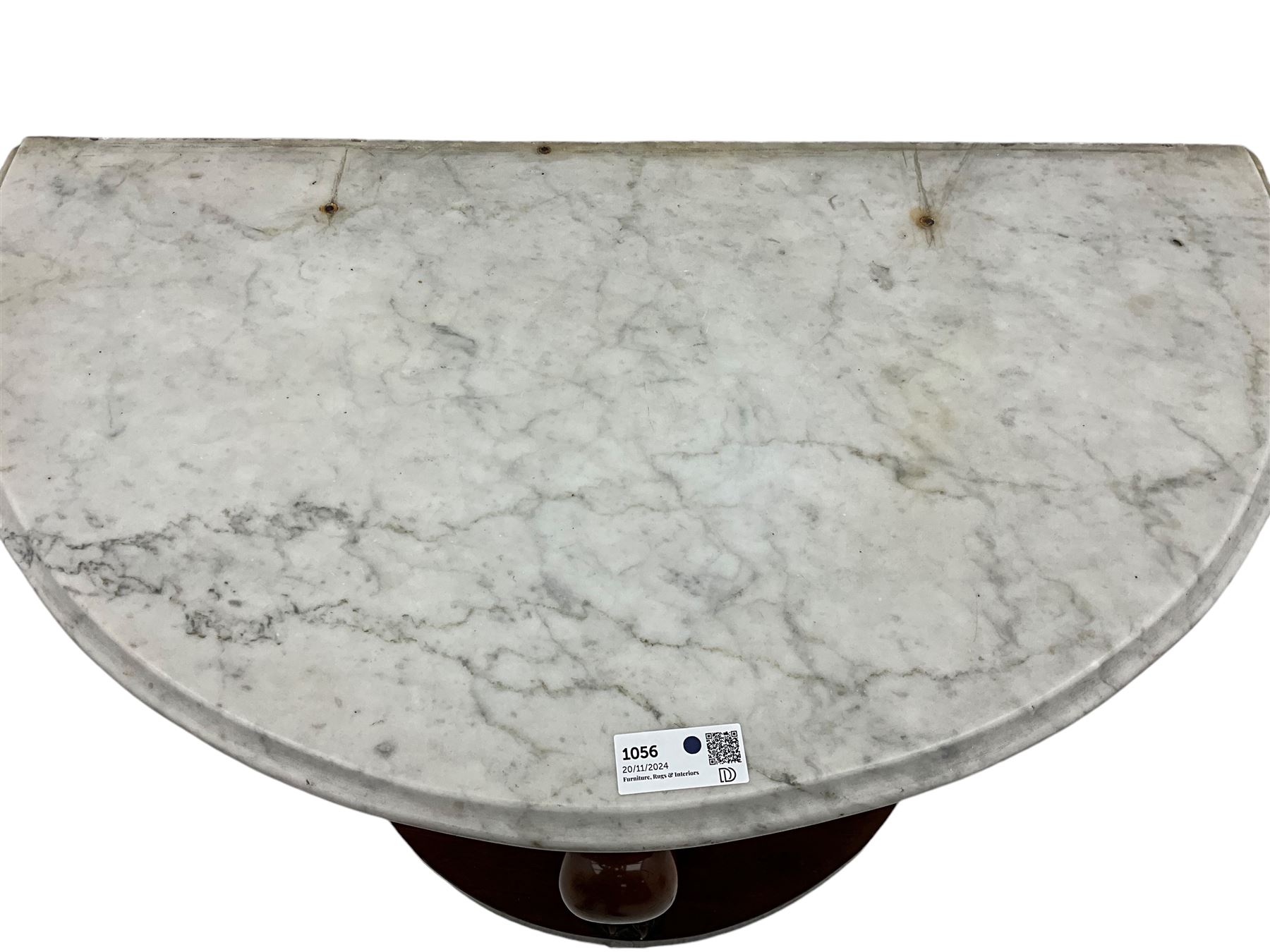 Victorian mahogany and marble demi-lune console table, moulded white and grey veined marble top, on cabriole support carved with paw, demi-lune undertier over compressed bun feet 