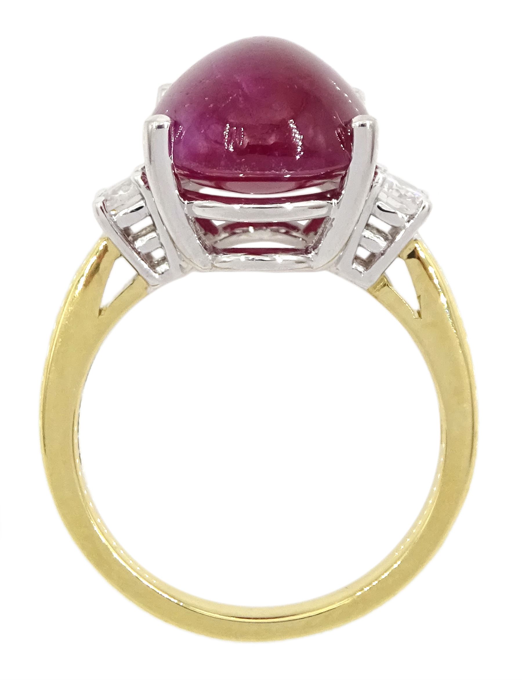 18ct gold three stone cabochon ruby and round brilliant cut diamond ring, hallmarked, ruby approx 11.40 carat