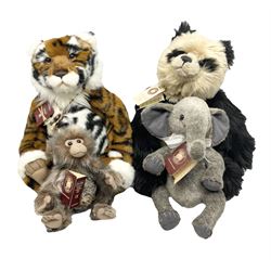 Four Charlie Bears, comprising Konig CB202051, TeaLeaf CB141479, and Pimky CB161656B, each designed by Isabelle Lee, and Hari Hi Way CB175131, all with tags