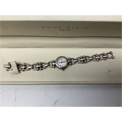 Silver flattened curb necklace, silver bangle, brooches and ring, all stamped or hallmarked, silver vinaigrette, 9ct gold wristwatch hallmarked, on leather strap, U.S. Polo Association stainless steel ladies wristwatch, and collection of vintage and later costume jewellery 