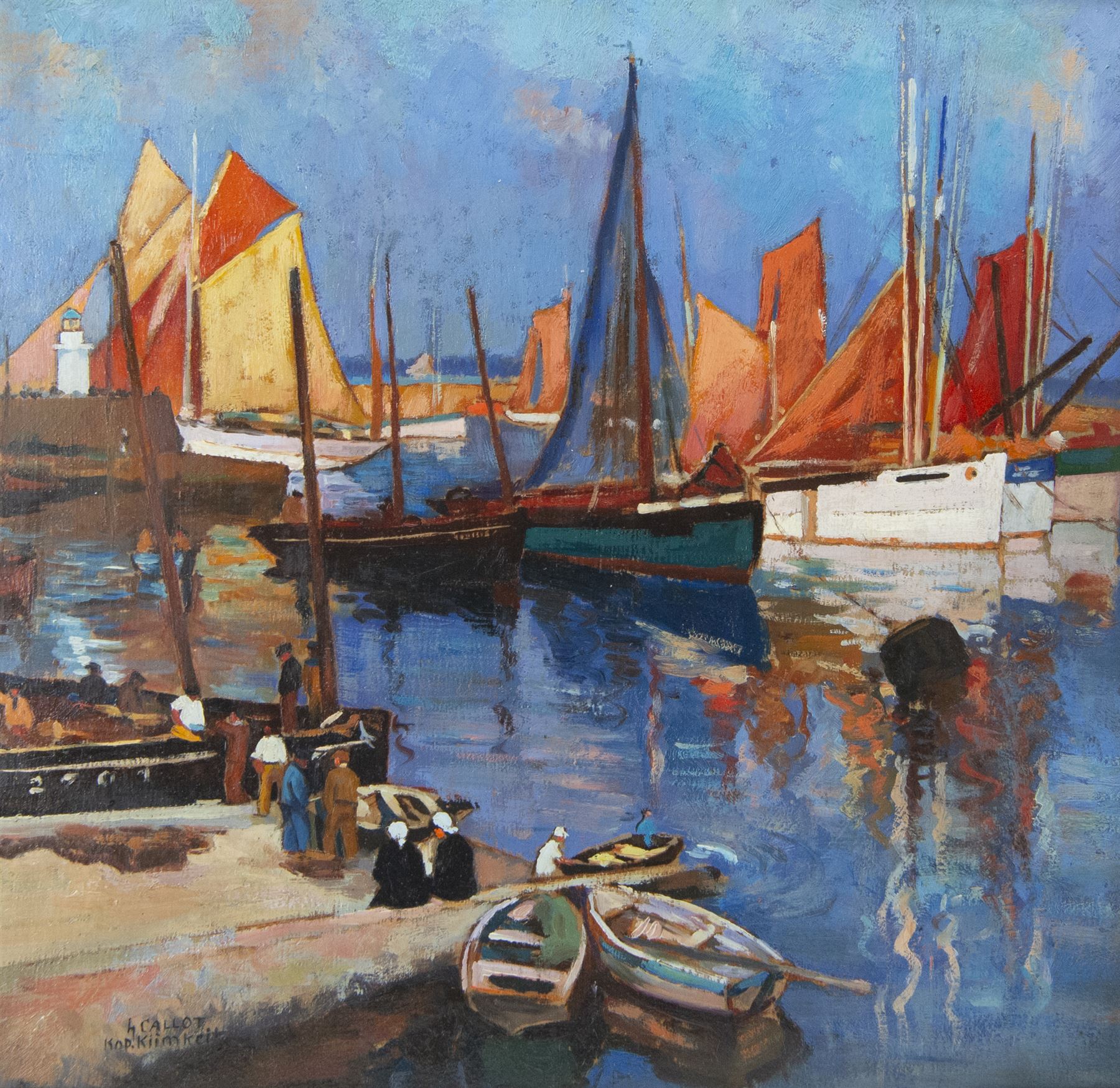 Henri Eugene Callot (French 1875-1956): Boats in a Harbour, oil on panel signed 41cm x 42cm