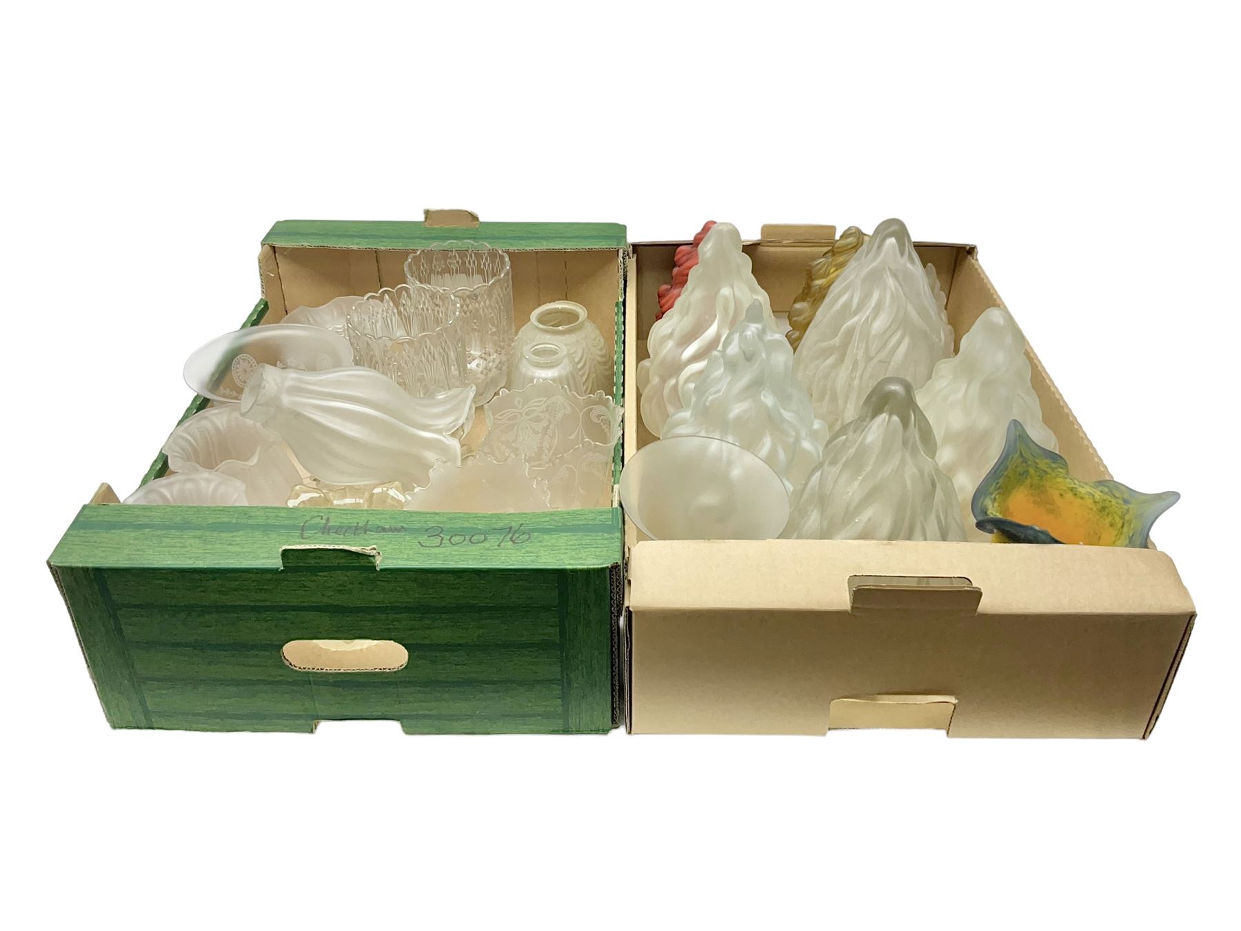 Five frosted glass Flambe lamp shades, together with three similar smaller examples and two coloured examples, and a quantity of other glass lampshades