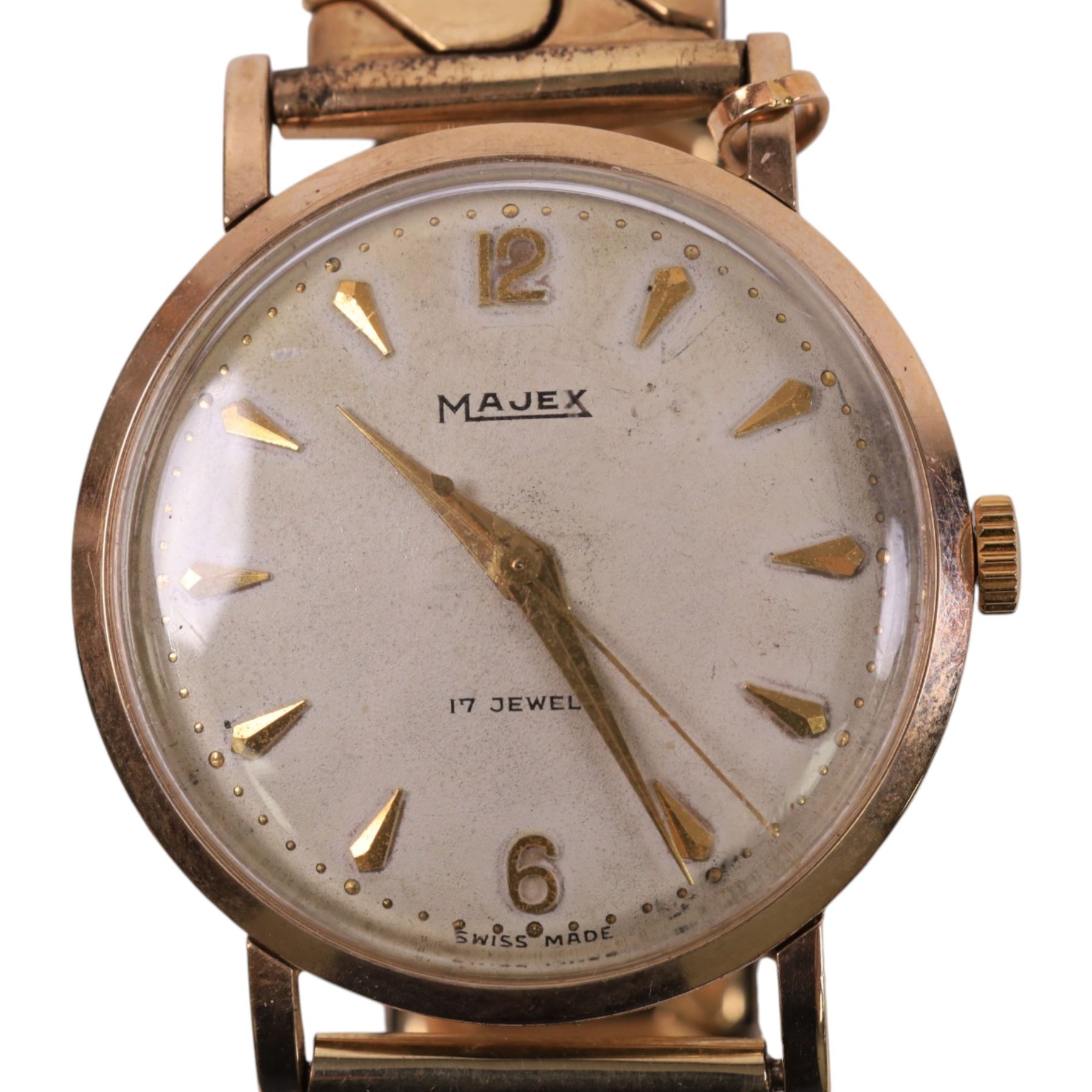 Majex gentleman's 9ct gold manual wind wristwatch, Edinburgh 1957, on expanding gold-plated strap, with 17ct gold Italian horn charm