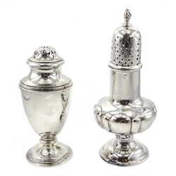 Edwardian silver sugar shaker by by Walker & Hall, Sheffield 1901 and one other by William Comyns & Sons Ltd, London 1939, approx 9.5oz 